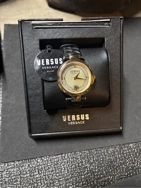 Versus Versace Gold Dial with Black Leather Braided Strap Watch